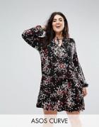 Asos Curve V Neck Smock Dress With Balloon Sleeve In Floral Print - Multi