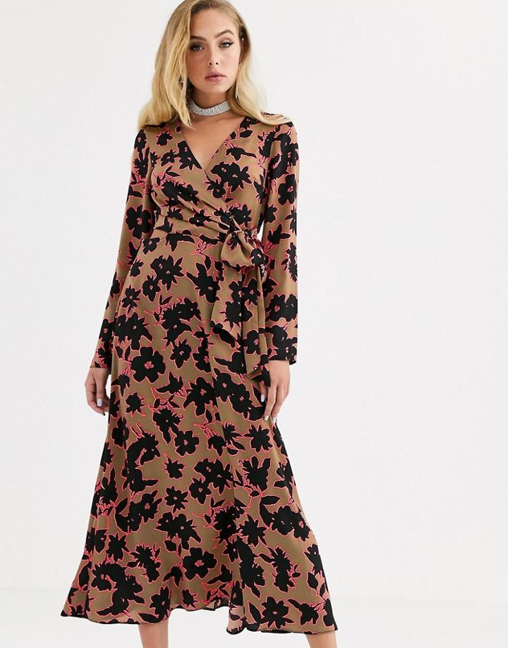 Asos Design Wrap Midi Dress With Cut Out Side In Neon Floral Print - Multi