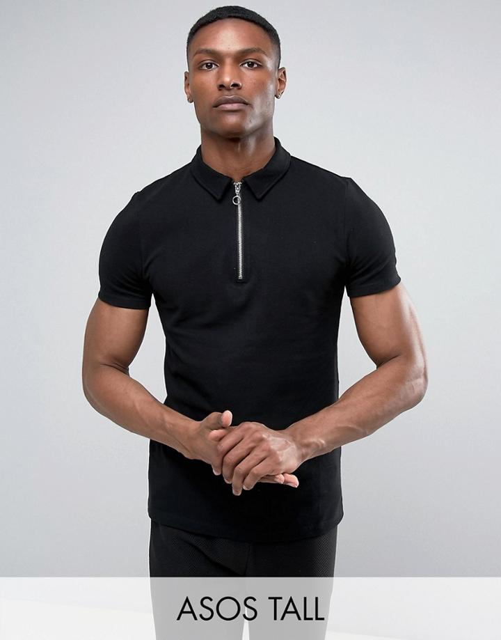 Asos Tall Zip Neck Pique Polo Shirt - Black