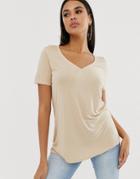 Asos Design V-neck T-shirt With Short Sleeves In Beige