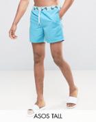 Asos Tall Swim Shorts With Contrast Geo Print Waistband In Short Length - Blue