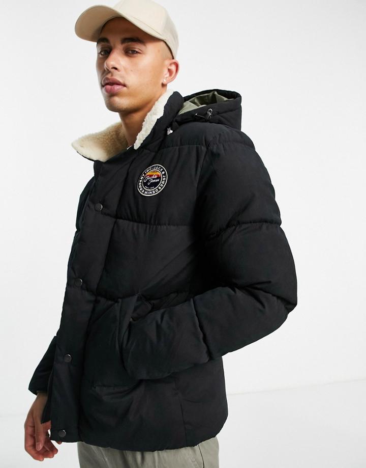 Jack & Jones Borg Collar Puffer Jacket With Hood In Black