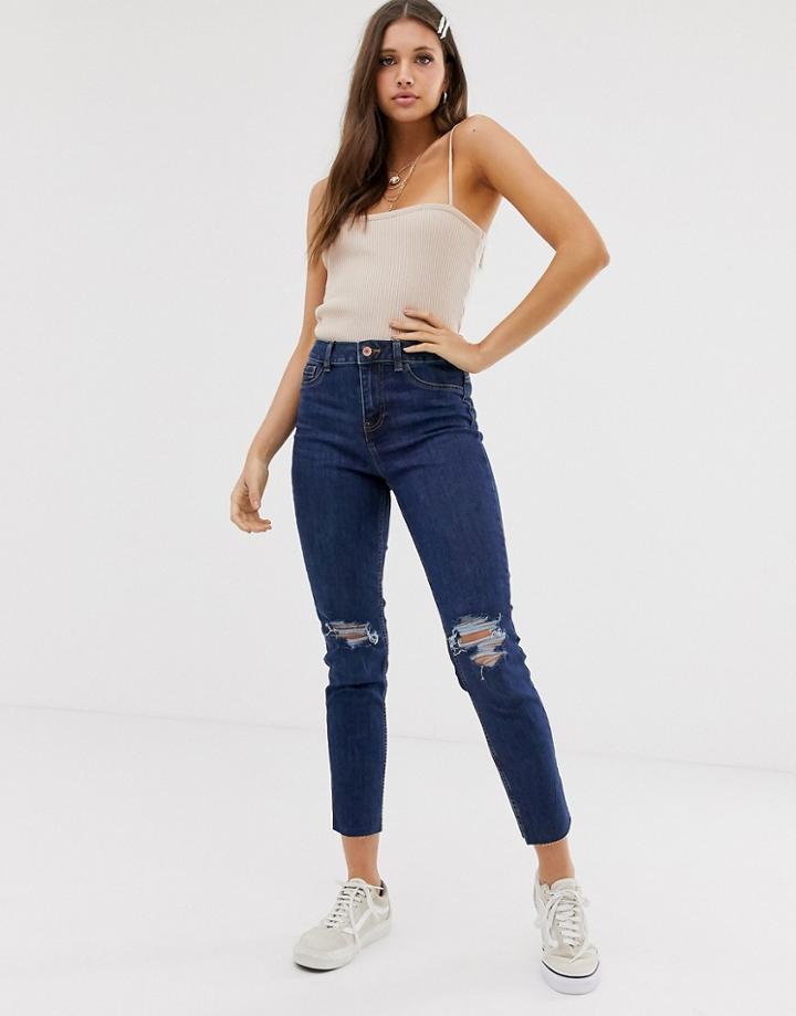 New Look Ripped Knee Skinny Jeans In Mid Blue