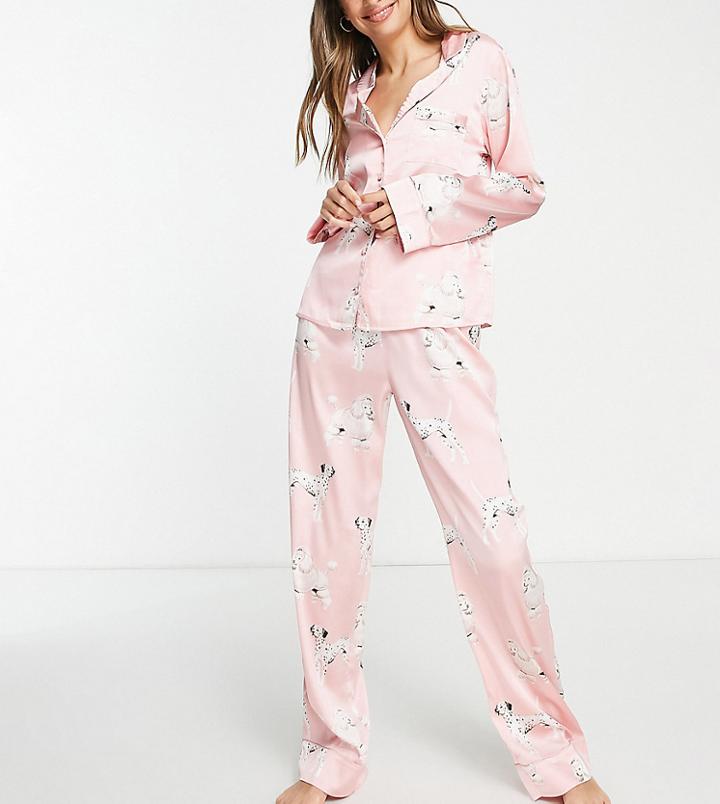 Asos Design Tall Satin Dog Print Shirt & Pants Pyjama Set In Pink