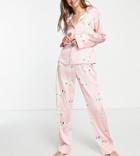 Asos Design Tall Satin Dog Print Shirt & Pants Pyjama Set In Pink