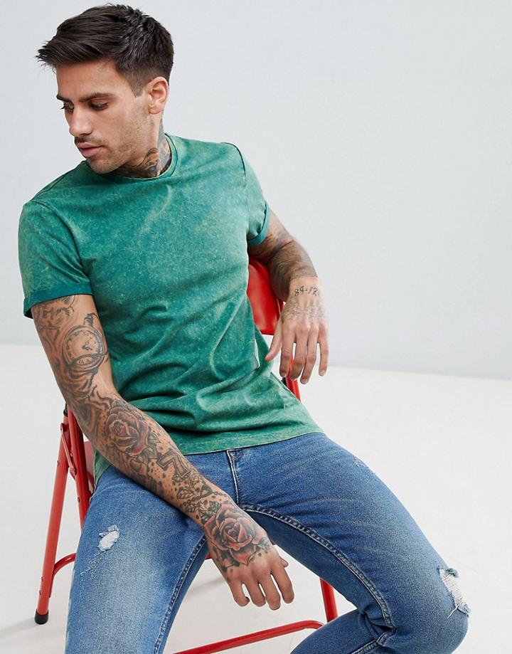 Asos Design T-shirt With Roll Sleeve With Acid Wash In Khaki - Green