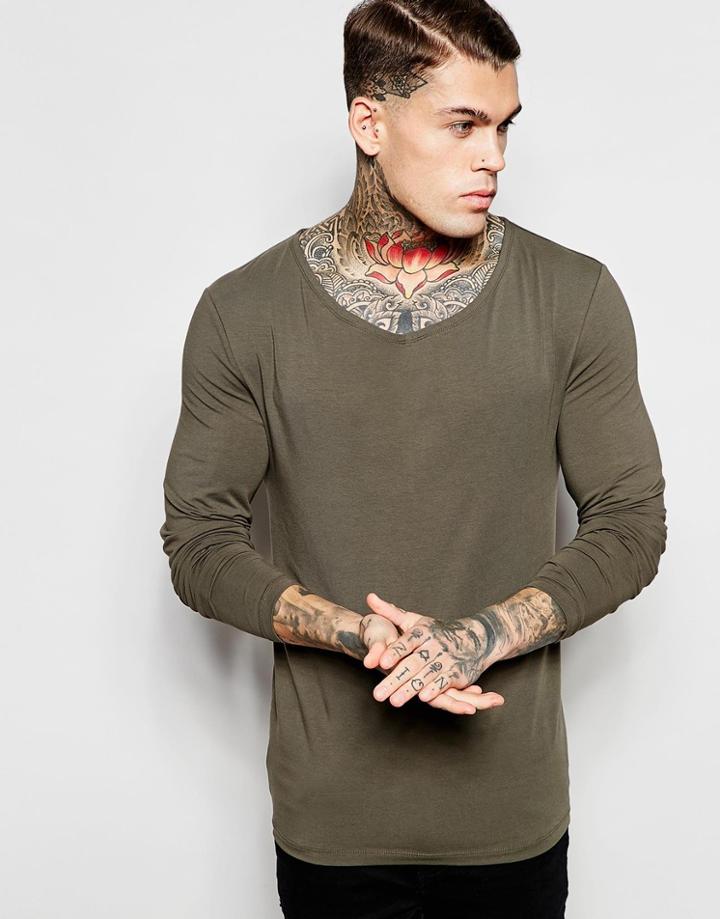 Asos Extreme Muscle Long Sleeve T-shirt With Drape Neck In Green - Green