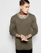 Asos Extreme Muscle Long Sleeve T-shirt With Drape Neck In Green - Green