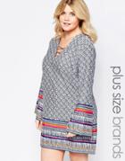 Diya Plus Shift Dress With Lace Up Front And Bell Sleeves - Blue Printed