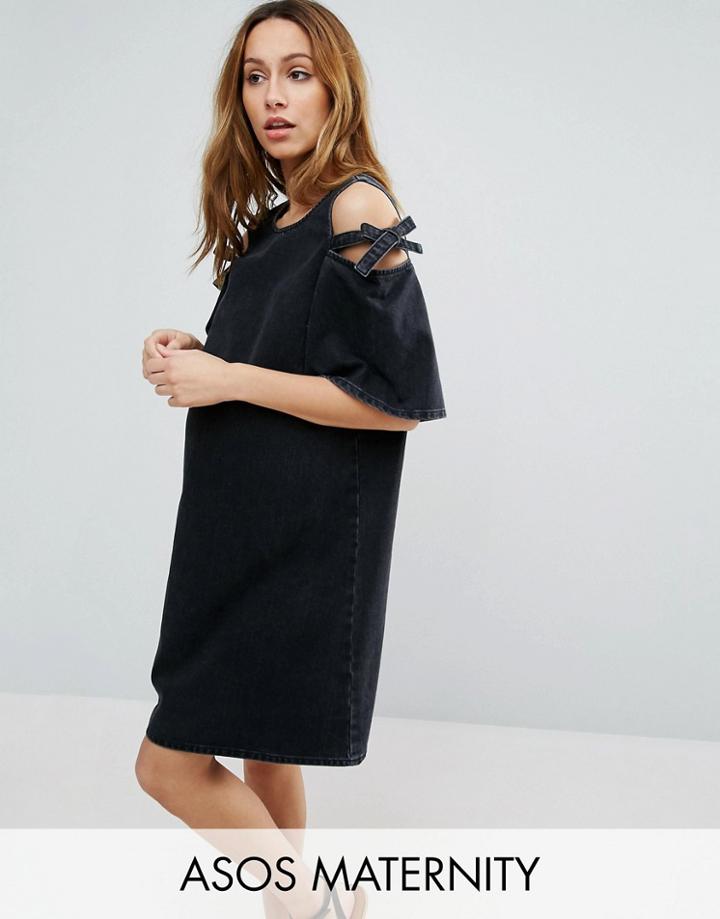 Asos Maternity Denim Peep Shoulder Shift Dress With Bow Detail - Black