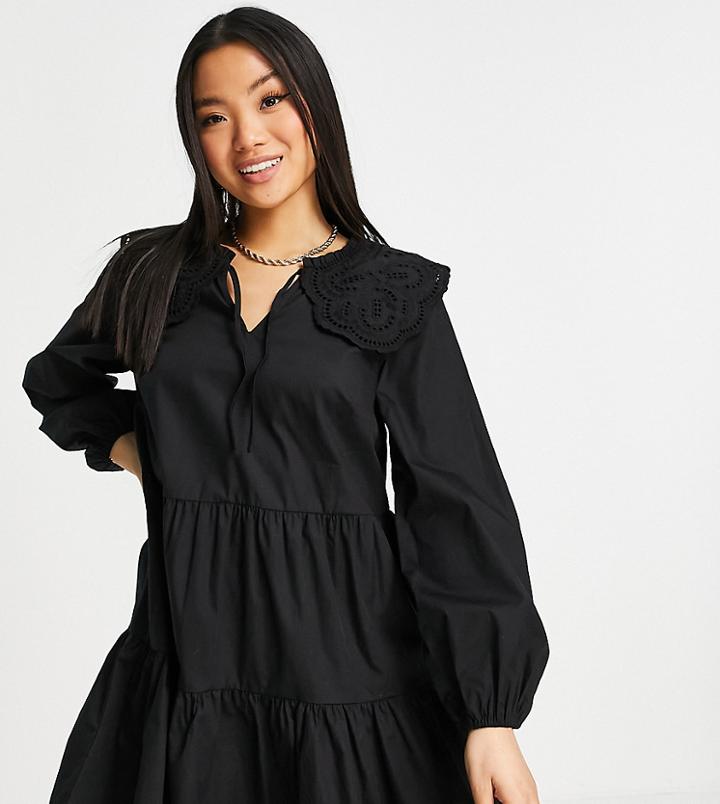 Miss Selfridge Petite Broderie Collar Mini Dress In Black