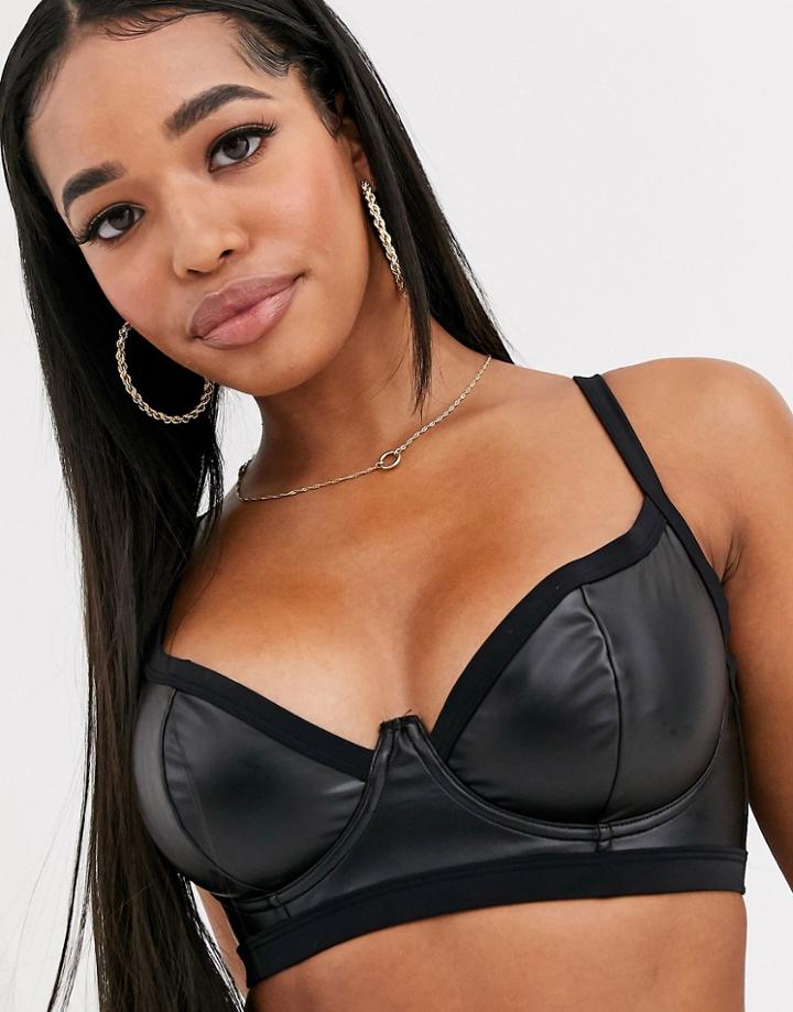 Asos Design Fuller Bust Underwired Plunge Bikini Top In Black Wet Look Dd-g