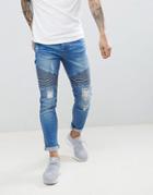 Threadbare Skinny Fit Biker Jeans In Mid Blue - Blue