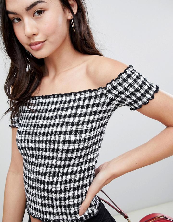 Hollister Smocked Off The Shoulder Crop Top In Gingham - Black