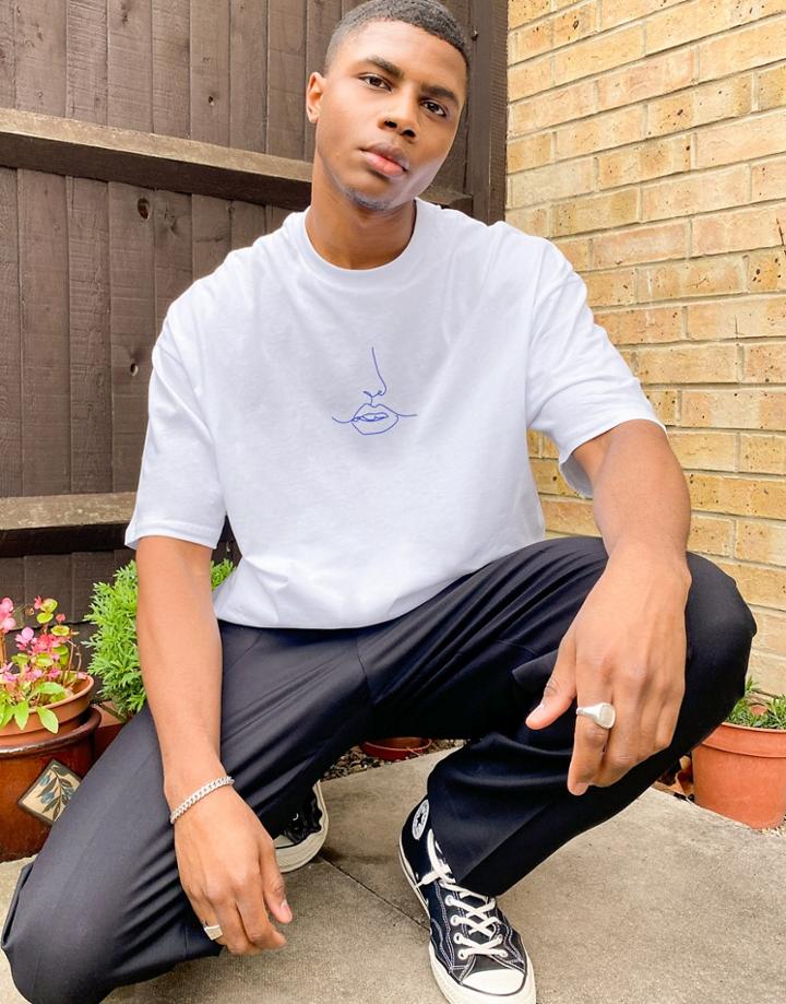 Asos Design Oversized T-shirt In White With Line Drawing Print
