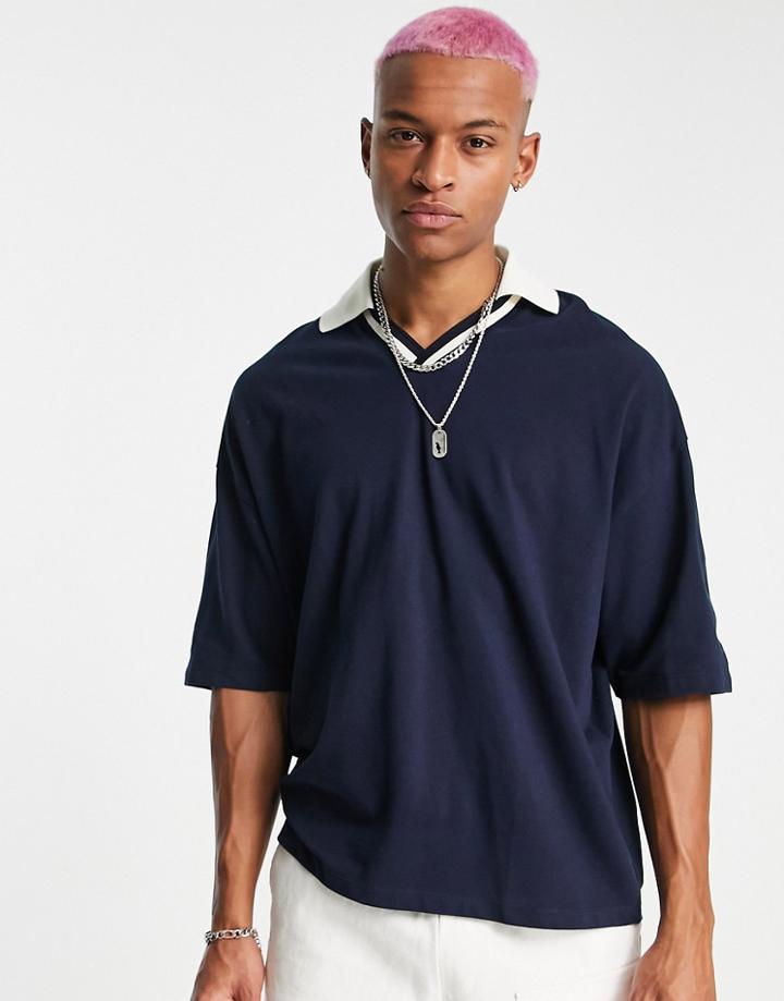 Asos Design Relaxed Polo In Navy With Contrast Cream Revere