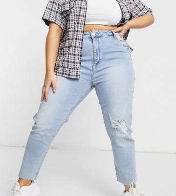 Cotton: On Curve High Rise Mom Jean In Light Blue Rip-blues