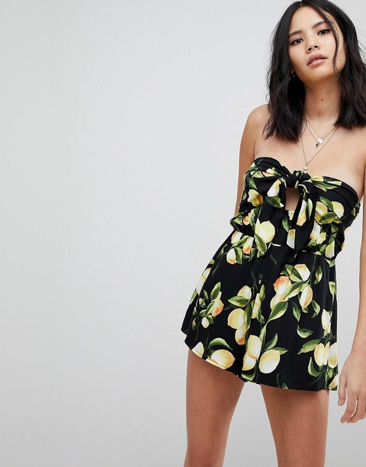Honey Punch Romper With Tie Front In Lemon Print-yellow