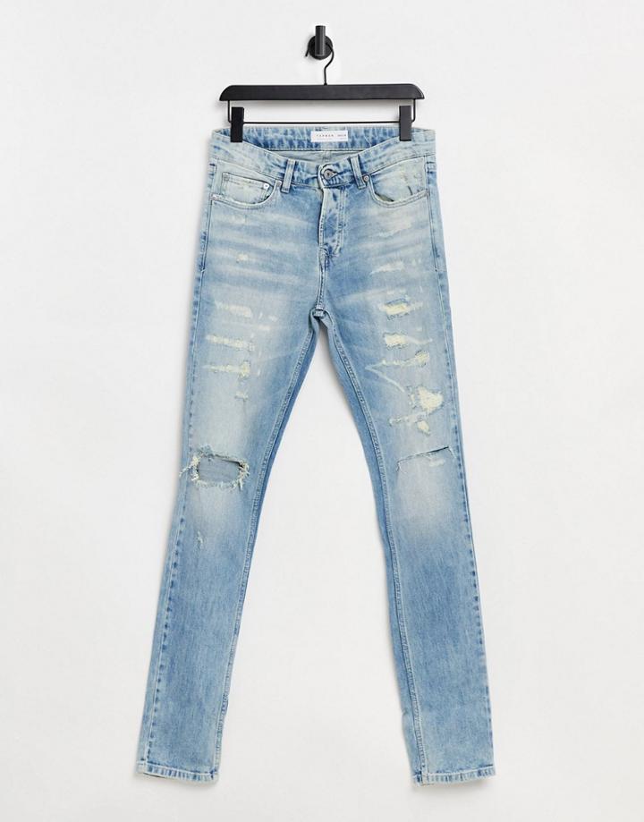 Topman Organic Cotton Blend Multi Rip Skinny Jean In Bleach-blues