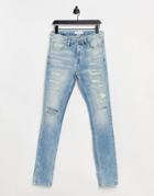 Topman Organic Cotton Blend Multi Rip Skinny Jean In Bleach-blues