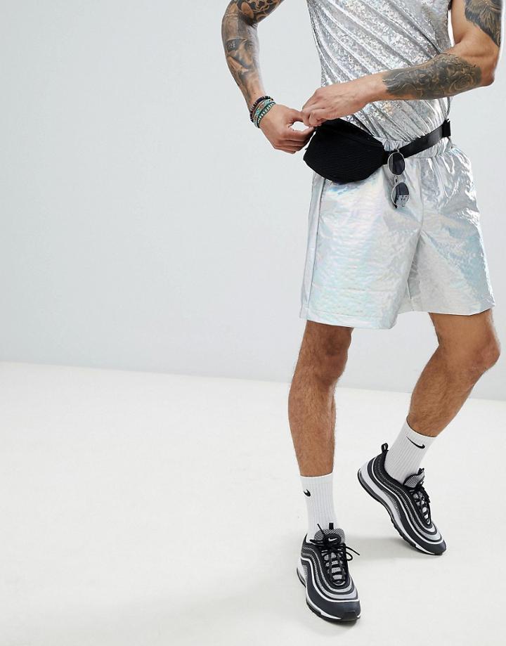 Asos Design Festival Slim Shorts With Elasticated Waistband In Iridescent Metallic Fabric - Silver
