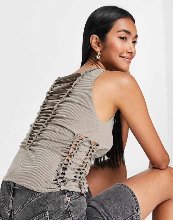 Asos Design Ribbed Top With Cut Out And Knot Back Detail In Brown