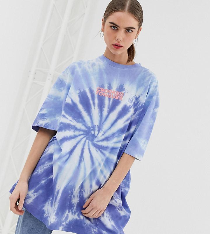 Crooked Tongues Oversized Washed Tie Dye T-shirt With Logo Print - Purple