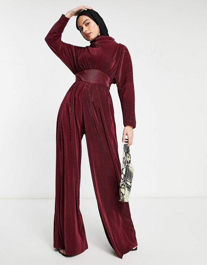 Asos Design Jersey High Neck Plisse Wide Leg Jumpsuit In Wine-red
