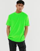Asos Design Relaxed Longline T-shirt In Neon Green Velour - Green