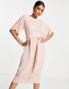Closet London Metallic Stripe Pencil Midi Dress In Stone-neutral
