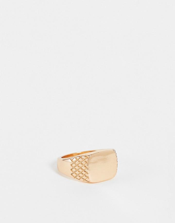 Asos Design Square Signet Ring With Embossing In Gold Tone