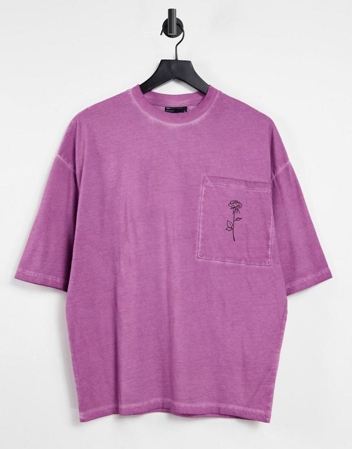 Asos Design Oversized T-shirt In Washed Purple With Pocket Rose Print