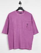 Asos Design Oversized T-shirt In Washed Purple With Pocket Rose Print