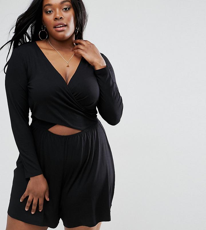 Asos Curve Long Sleeve Cut Out Wrap Front Romper - Black