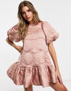 Asos Design Premium Satin Quilted Mini Smock Dress With Puff Sleeves In Pink