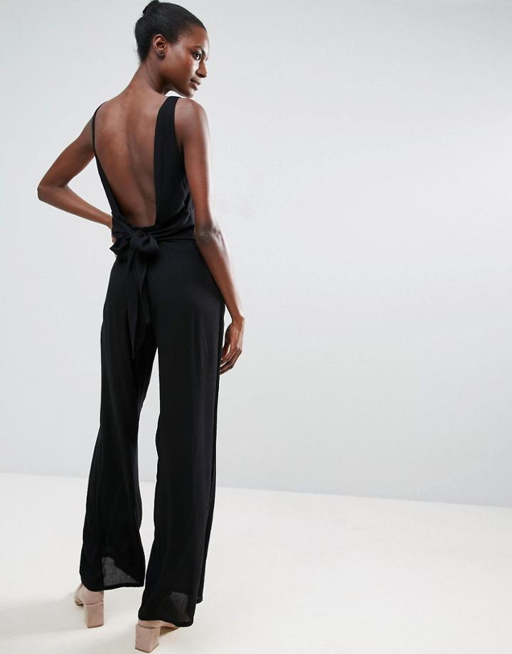 Asos Jumpsuit In Crinkle With Tie Waist And Open Back - Black