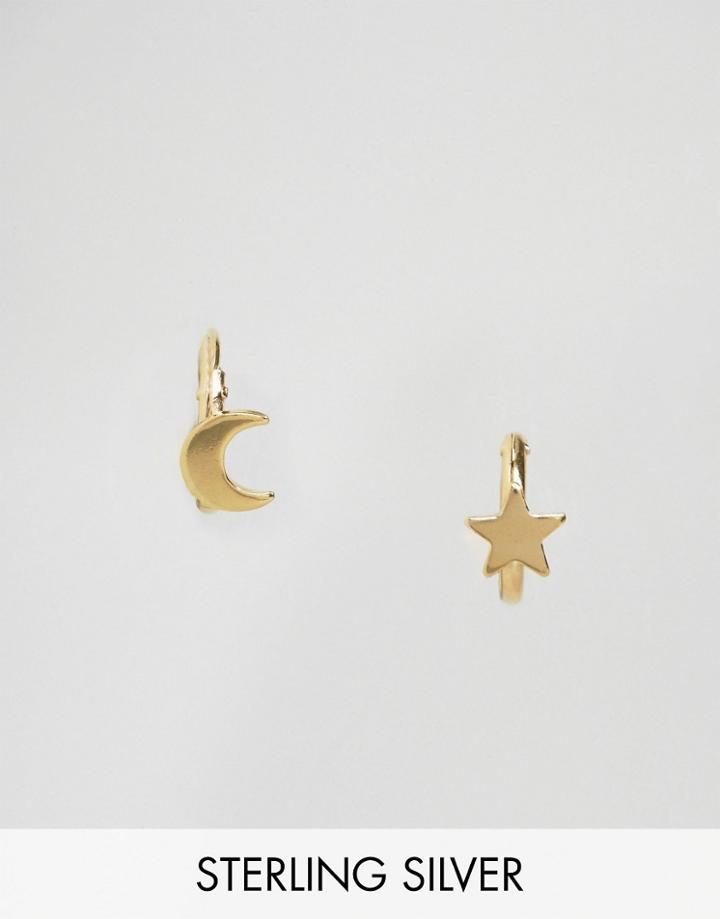 Asos Gold Plated Sterling Silver Moon And Star Hoop Earrings - Gold