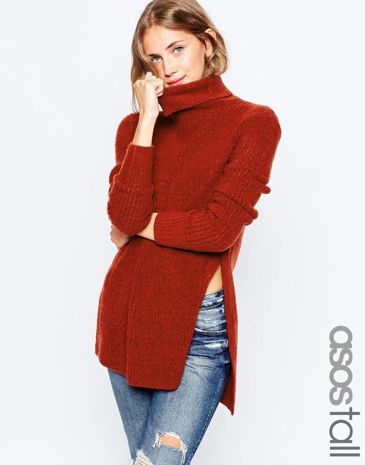 Asos Tall Sweater In Brushed Yarn With High Neck And Side Splits - Pink
