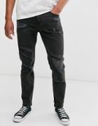 Asos Design 12.5oz Tapered Jeans In Washed Black With Heavy Rips