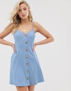 Asos Design Mini Slubby Cami Swing Dress With Faux Wood Buttons - Blue