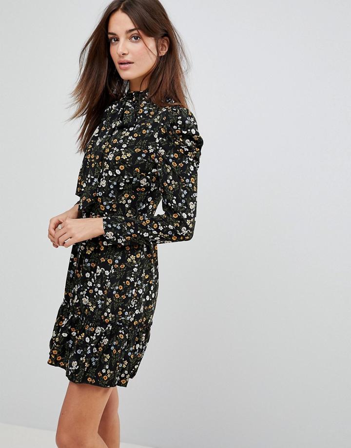 Parisian High Neck Floral Printed Dress - Black