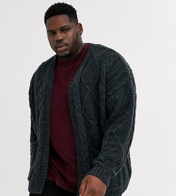 Asos Design Plus Heavyweight Cable Knit Cardigan In Dark Gray