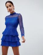 Ax Paris Long Sleeve Crochet Lace Mini Dress With Tiered Skirt - Blue