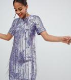 Asos Design Tall Mini Shift Dress In Heavily Embellished Fringed Sequin - Purple