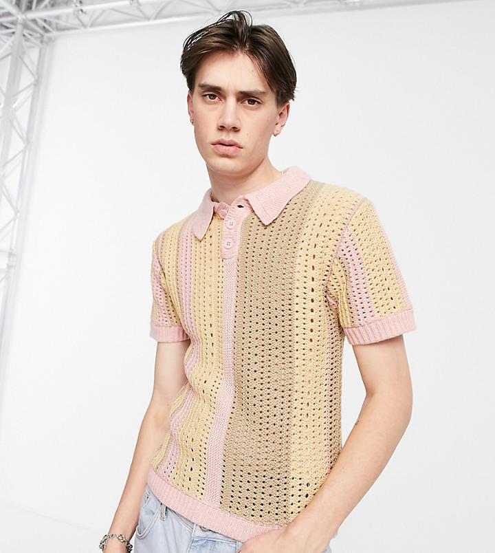 Collusion Knit Crochet Polo Shirt In Multi Stripe