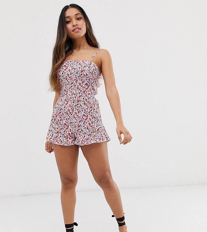 Asos Design Petite Frill Hem Self Stripe Cami Romper In Floral Print-multi