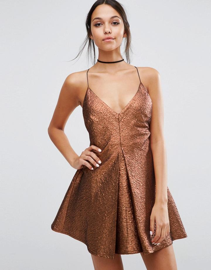 Asos Night Deep Plunge Aline Metallic Mini Dress - Bronze