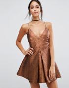 Asos Night Deep Plunge Aline Metallic Mini Dress - Bronze