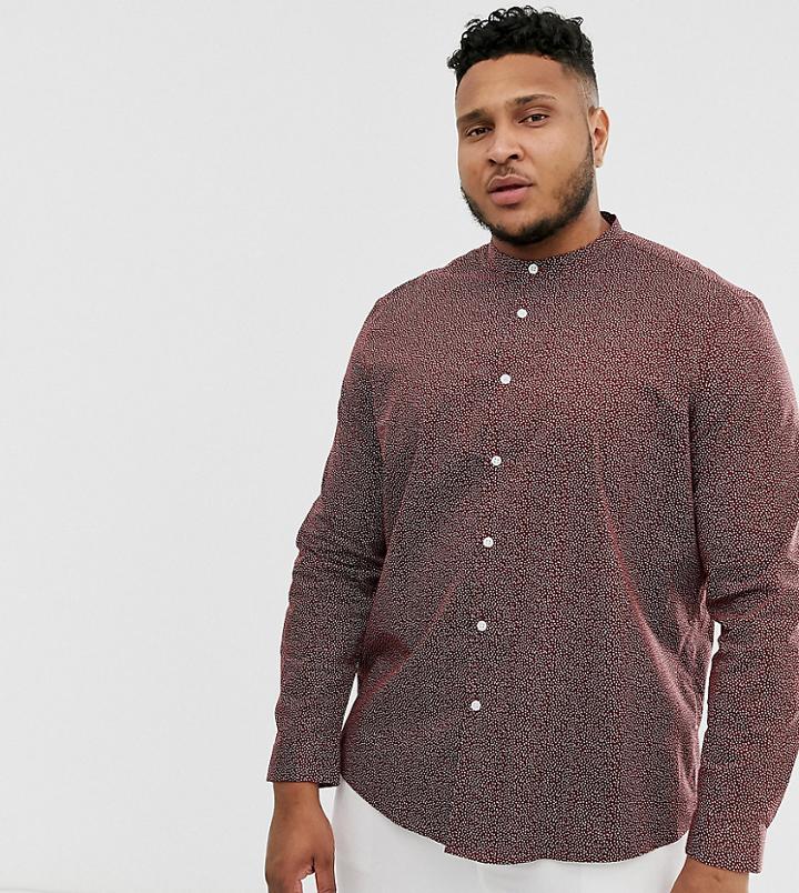 Asos Design Plus Regular Fit Smart Shirt In Polka Dot With Grandad Collar In Burgundy - Red