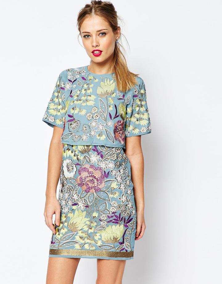 Asos Salon Premium Embroidered And Embellished Mini Pencil Dress - Blue